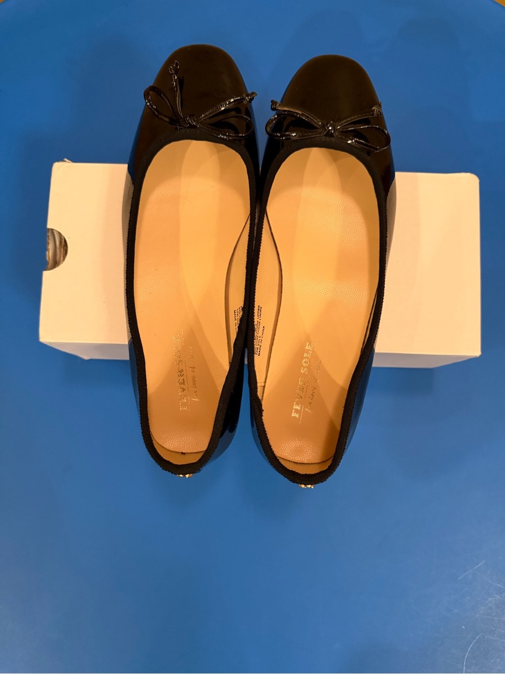 FEVERSOLE Black Patent Polyurethane Ballet Flats Bow Slip On Round Toe US 9